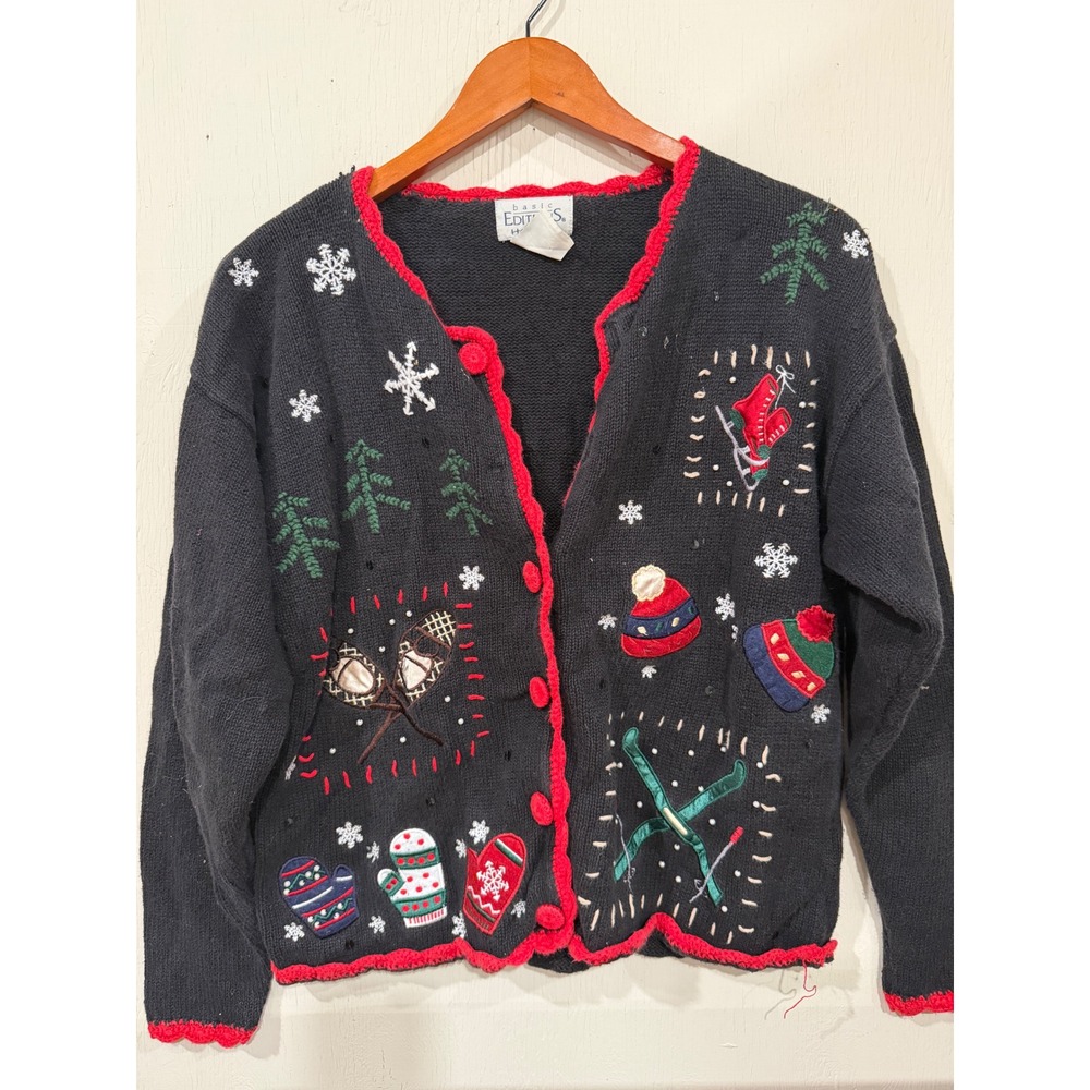 Vintage Basic Editions Holiday Cardigan Black Winter Embroidery Small RN 42000